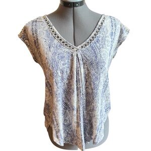 Lucky Brand Blue Paisley Boho Top Crochet Trim Cottagecore Festival Lightweight